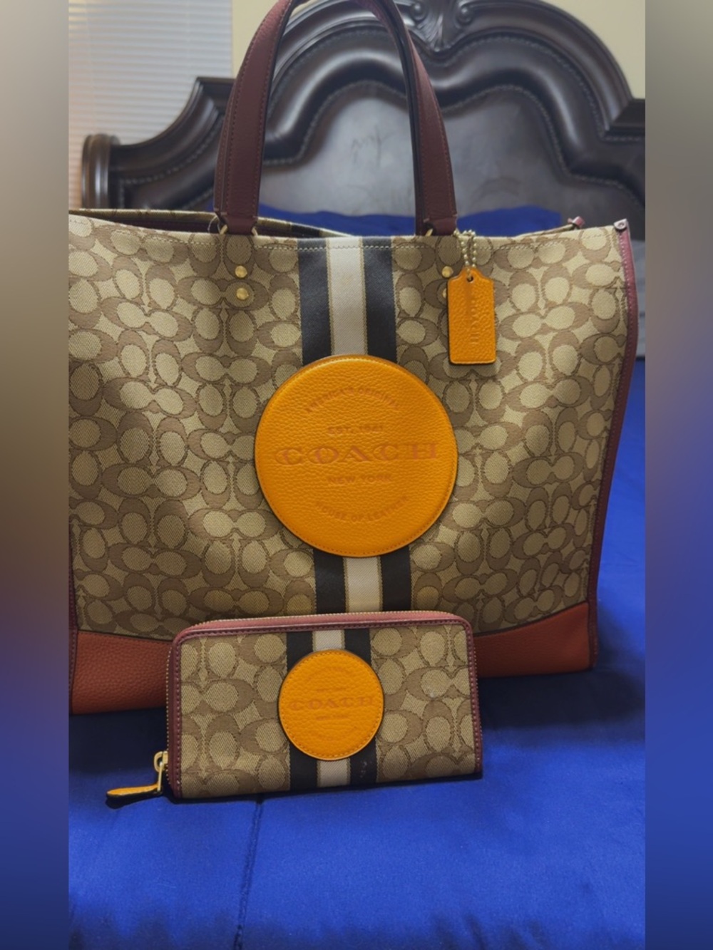 Coach Canvas Tote and Zip Wallet in Tan, Orange and Brown